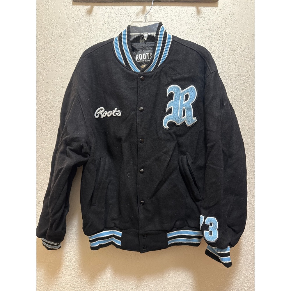 Vtg Roots Canada Mens Varsity Letterman Jacket Black Wool Blue Chenille Patch M